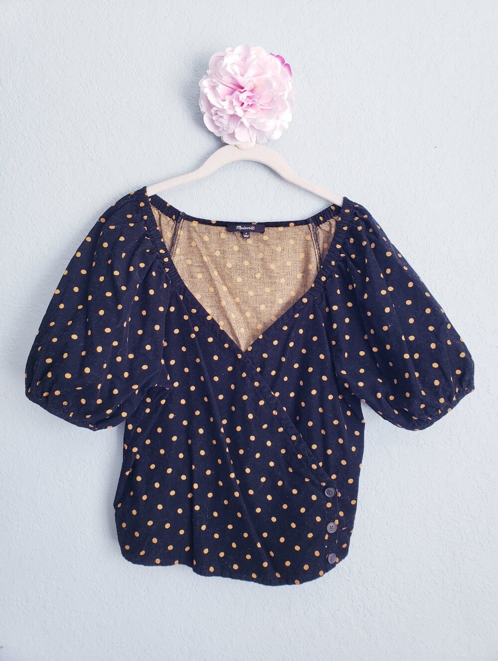 Madewell Black & Mustard Polka Dot Corduroy Vneck Puff Sleeve Blouse
